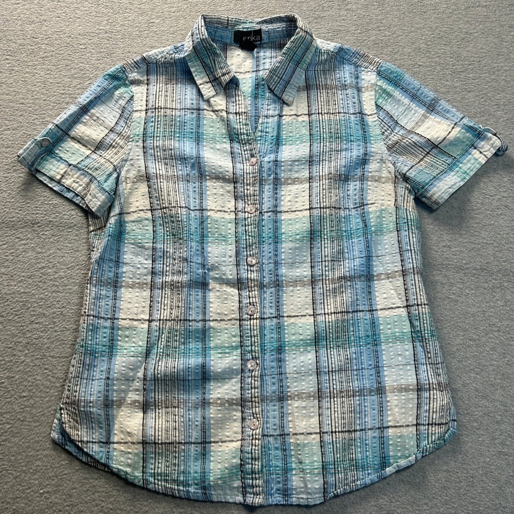 Erika Button Front Short Sleeve Shirt Womens Small Blue White Plaid Crinkle Top